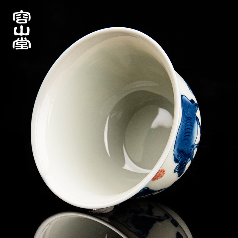 容山堂古脂 陶瓷青花主人杯仿古茶杯草木灰品茗杯五牛图个人杯