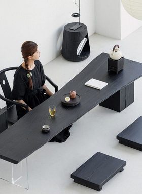 叁几 侘寂风实木茶台茶桌家用茶几榻榻米矮桌碳化白蜡木黑色长桌