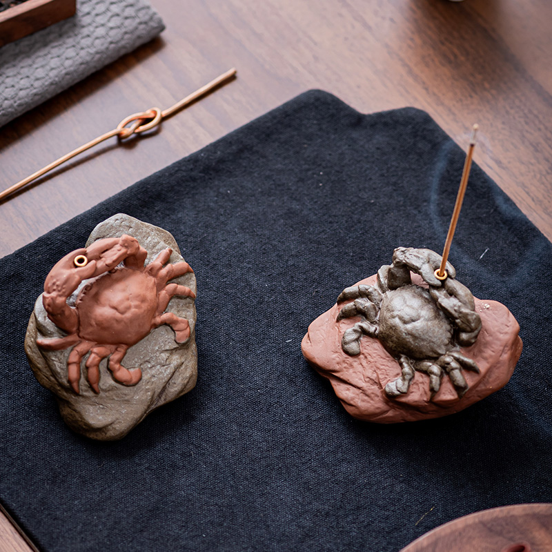 创意八方来财小螃蟹线香插茶宠摆件中式招财M金蟾香托香座香道装