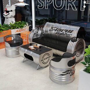 创意工业风复古卡座沙发酒吧油桶沙发ktv铁艺茶几汽修店桌椅组合