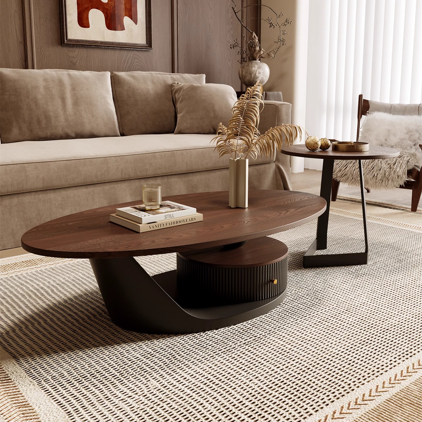 中古风实木茶几侘寂风法式覆古家用客厅现代设计高级感简约茶几桌