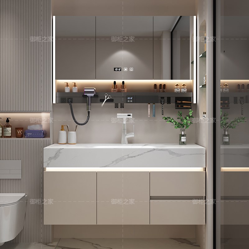 轻奢奶油a风岩板热弯一体盆浴室柜组合卫生间洗漱台洗脸洗手盆实