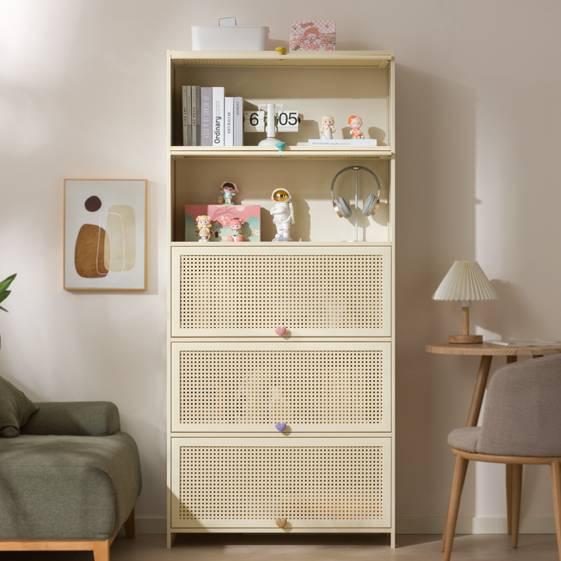 奶油风书柜现代简约带门客v厅卧室防尘书架窄柜落地立柜置物储物