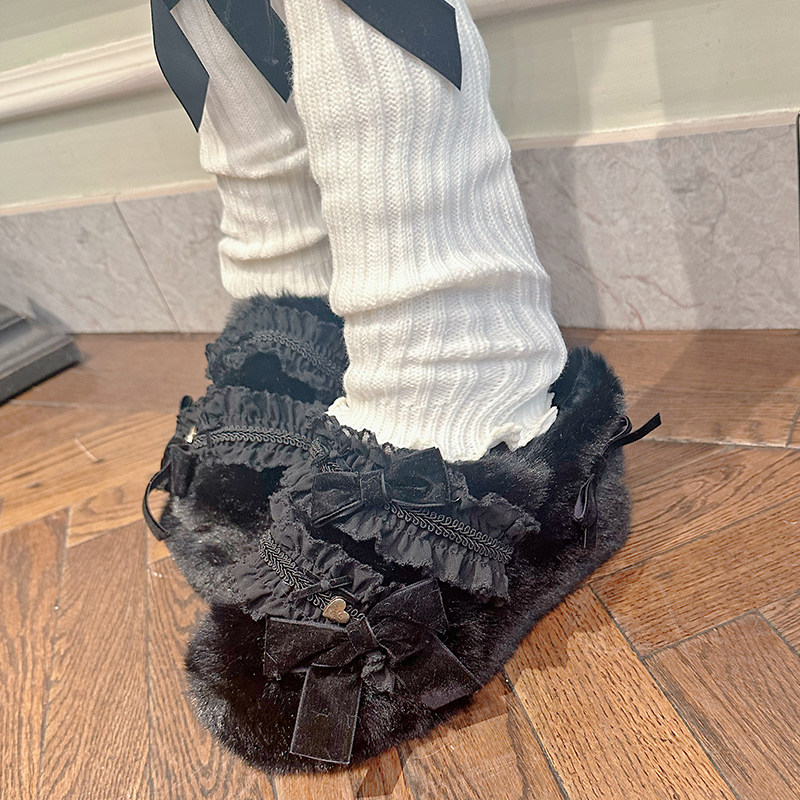 PINKYO原创毛毛拖鞋女外穿黑色花边2023新款韩版包头防滑毛绒棉拖