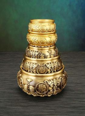 实心纯铜聚宝盆摆件中式家用客厅玄关装饰礼品聚财黄铜米缸存钱罐