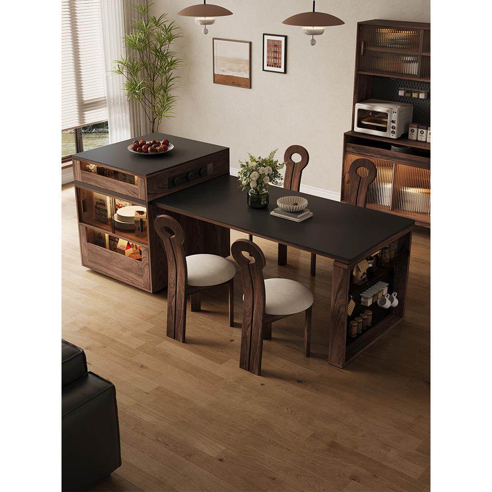 胡桃木岩板岛台餐桌一体家用覆古风小户型可伸缩厨房高端实木吧台