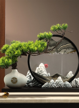 迎客松新中式客厅摆件高端大气上档次角几电视柜家俱流沙画装饰品