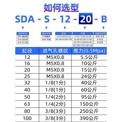 星辰小型气动薄型气缸SDAS32/12/16/40/20-10B*15BX25BX35*45外牙