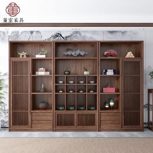 新中式实木博古架多宝阁办公室书柜背景柜黑胡桃木茶室茶叶展示柜