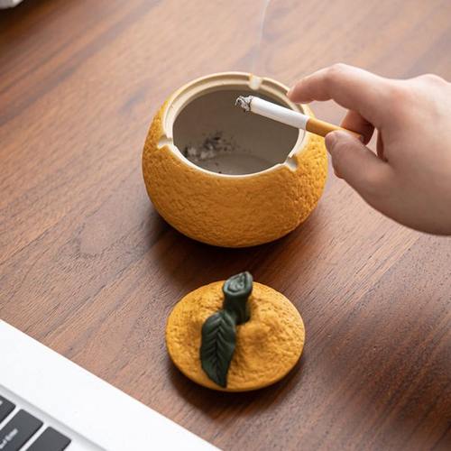 大吉大利橘子烟灰缸创意陶瓷灰缸带盖防飞灰家用茶几桌面装饰烟缸