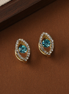 欧美立体恶魔之眼耳扣女超闪蓝色镶钻耳环法式复古独特潮耳饰