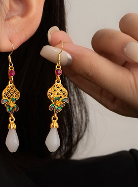 国潮新中式复古珐琅彩耳环多宝镂空钱币玉兰花古风耳饰宫廷风耳坠