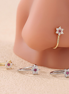 欧美免穿刺鼻环简约铜微镶锆石六瓣花U形鼻夹女个性潮酷鼻饰