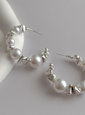 韩国大珍珠大圈C形耳环碎银几两女轻奢高级感个性简约百搭气质时