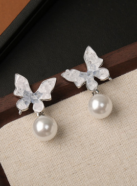 超闪蓝色水晶渐变蝴蝶珍珠银针耳钉女清新甜美耳环轻奢高级感耳饰