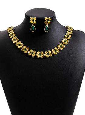 欧美复古祖母绿耳环项链套装