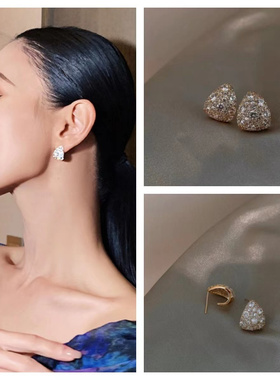 通勤简约满钻耳环2023年新款潮耳饰女轻奢小众设计感高级耳钉气质
