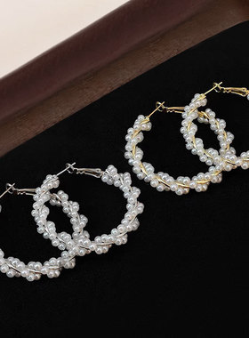 线圈珍珠耳环高级感轻奢小众耳饰S925银针大耳圈女优雅时尚饰品