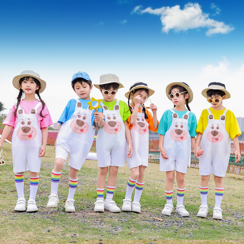 儿童啦啦队演出服糖果彩虹短袖背带裤六一夏装合唱服幼儿园毕业照