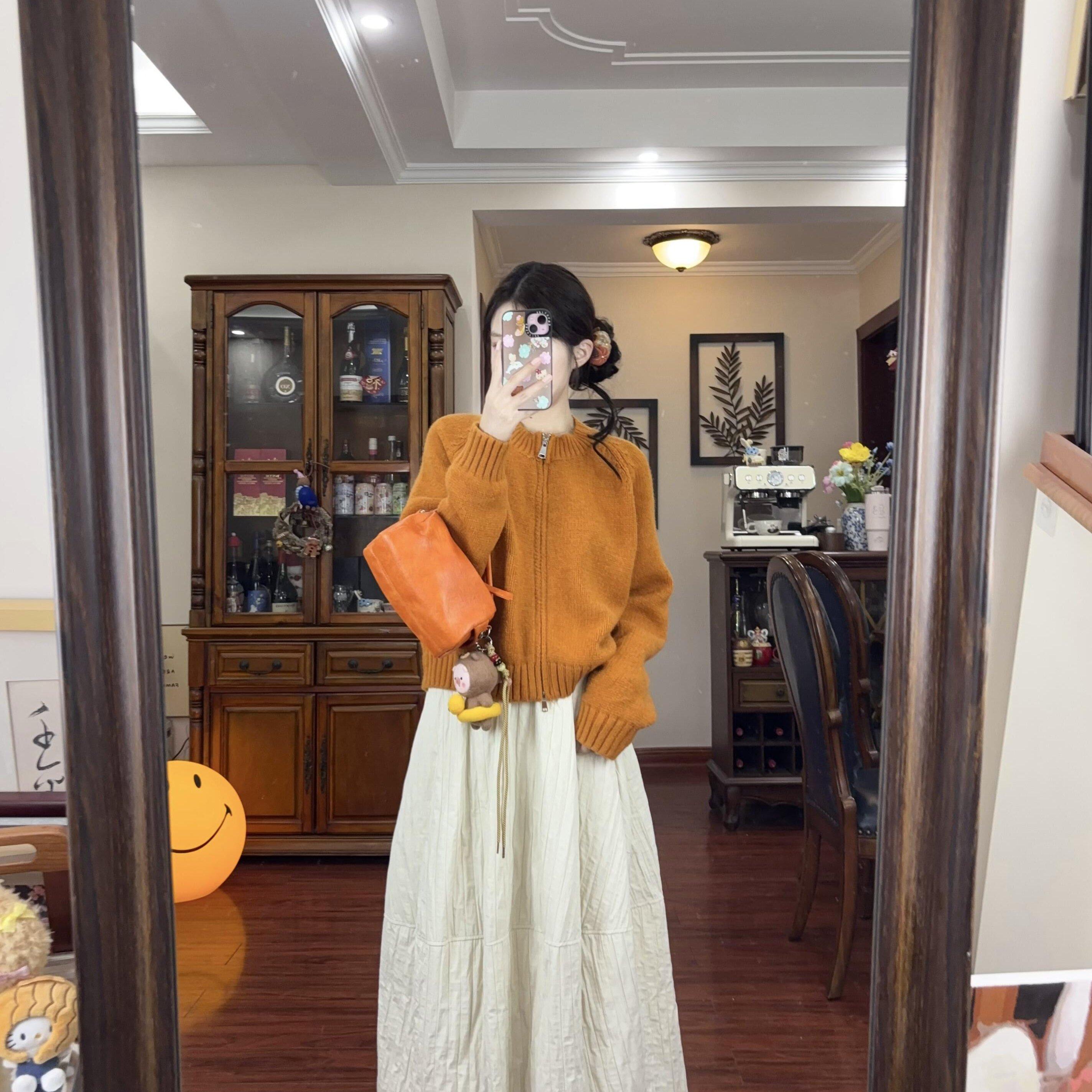 橘色拉链毛衣开衫外套女秋冬宽松慵懒风早秋chic半身裙两件套