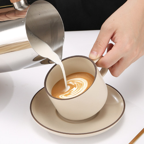 304不锈钢木纹柄拉花杯带内刻度打奶缸日式奶泡杯加厚尖嘴拉花杯