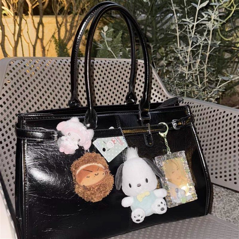 黑色油蜡皮大容量托特包追星女孩演唱会藏相机支架手提包应援包