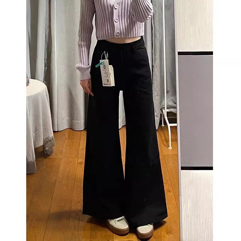 大码胖MM黑色a字牛仔裤女冬季不贴腿喇叭裤加绒梨形身材宽松裤子