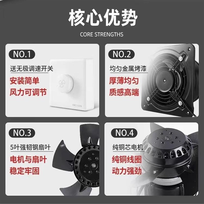 外转子强力排气扇厨房抽油烟换气扇工业排风扇大吸力轴流风机家用