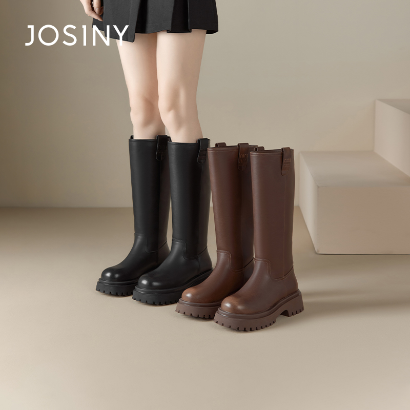 卓诗尼厚底长筒靴黑色骑士靴