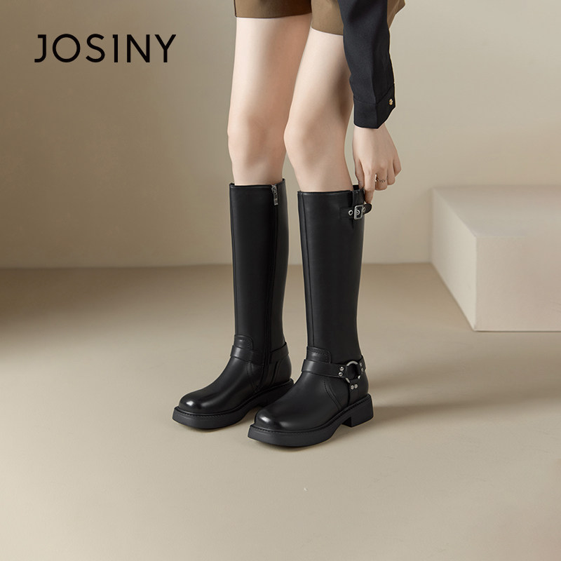 卓诗尼长筒靴女复古新款秋冬加绒厚底长靴女鞋V口不过膝高筒骑士,女鞋,骑士靴,淘宝优惠券,粉丝福利购,淘宝优惠卷