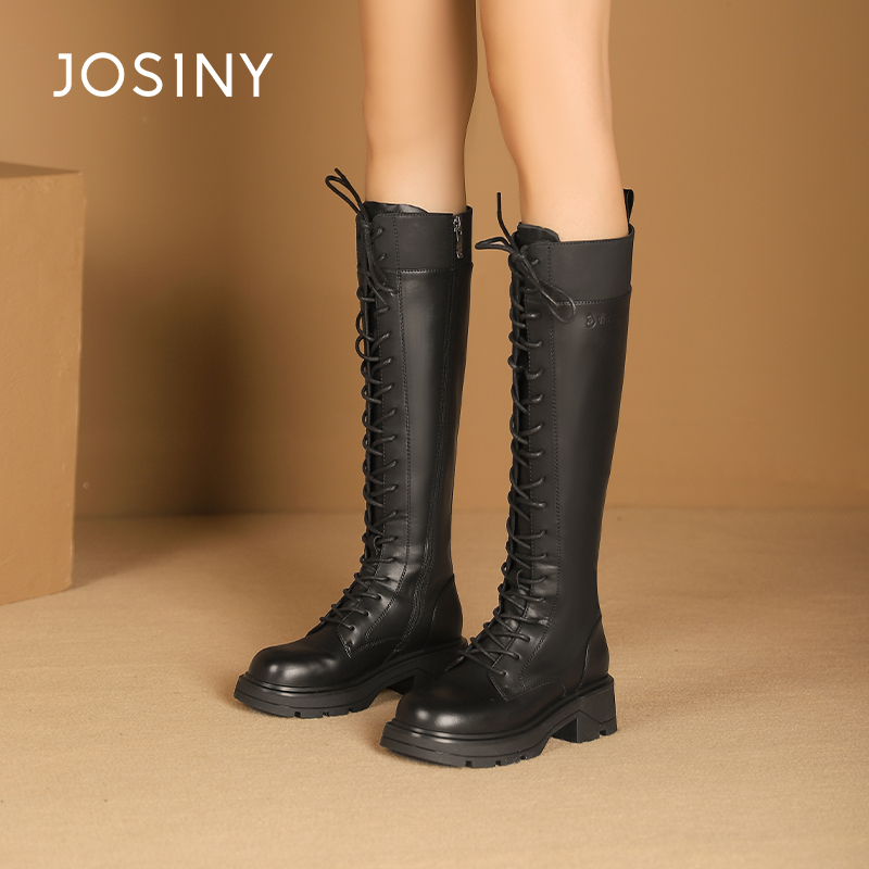 卓诗尼秋冬长筒靴中粗跟侧拉链