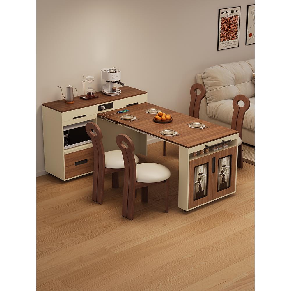 中古风岛台餐桌一体家用小户型饭桌现代简约可伸缩折叠餐桌椅组合