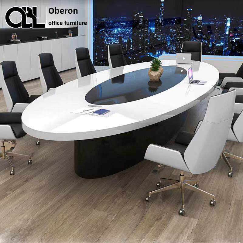 白色彩绘椭圆形会议桌长桌简约现代时尚洽谈桌大型会议室桌椅组合