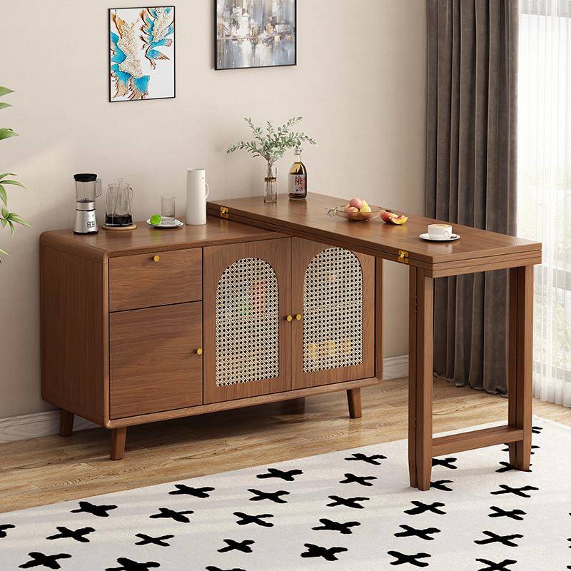 实木折叠餐桌餐边柜一体岛台中式小户型家用靠墙收纳柜可伸缩饭桌