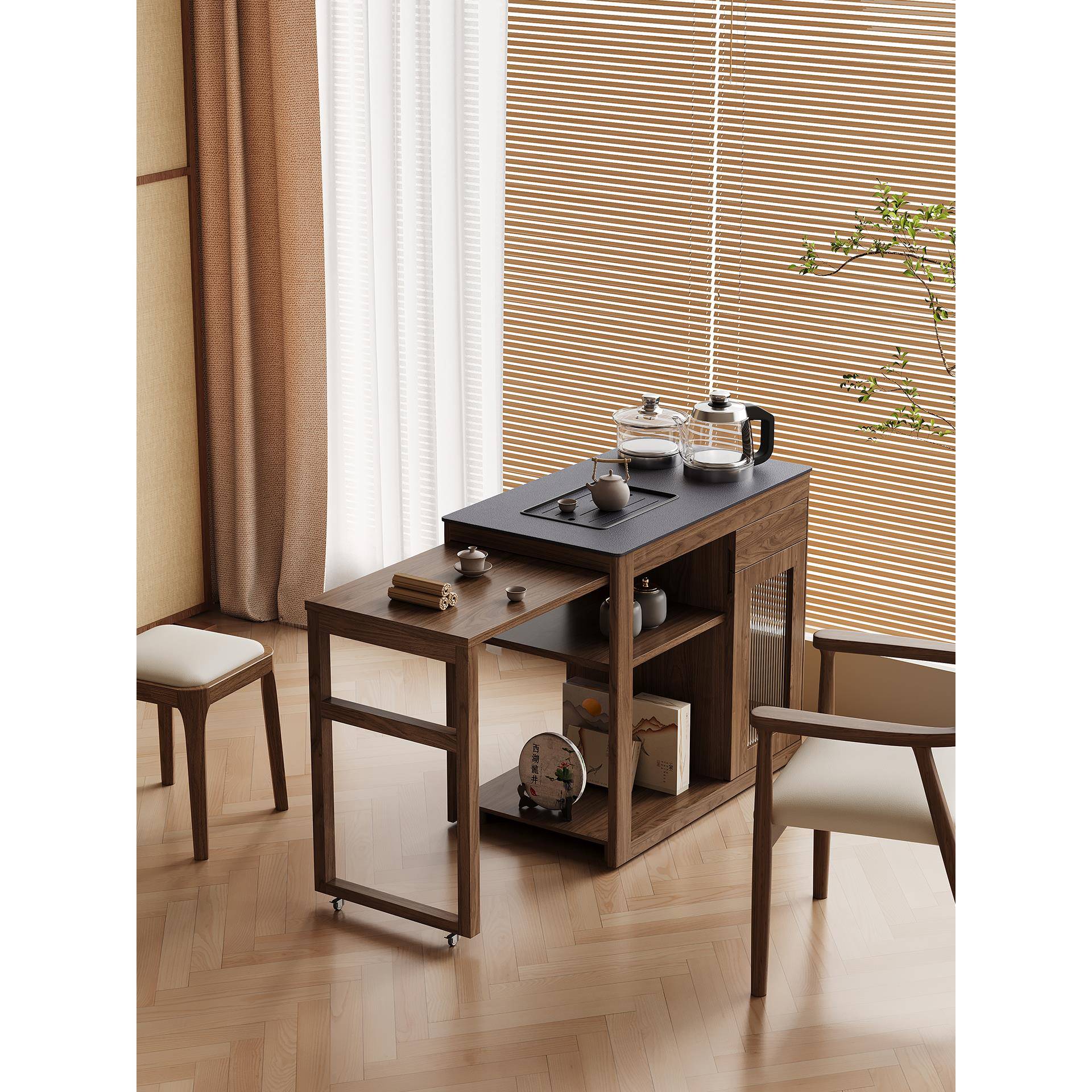 中古风小型移动伸缩茶水柜实木橡木储物客厅阳台茶车沙发侧边茶桌