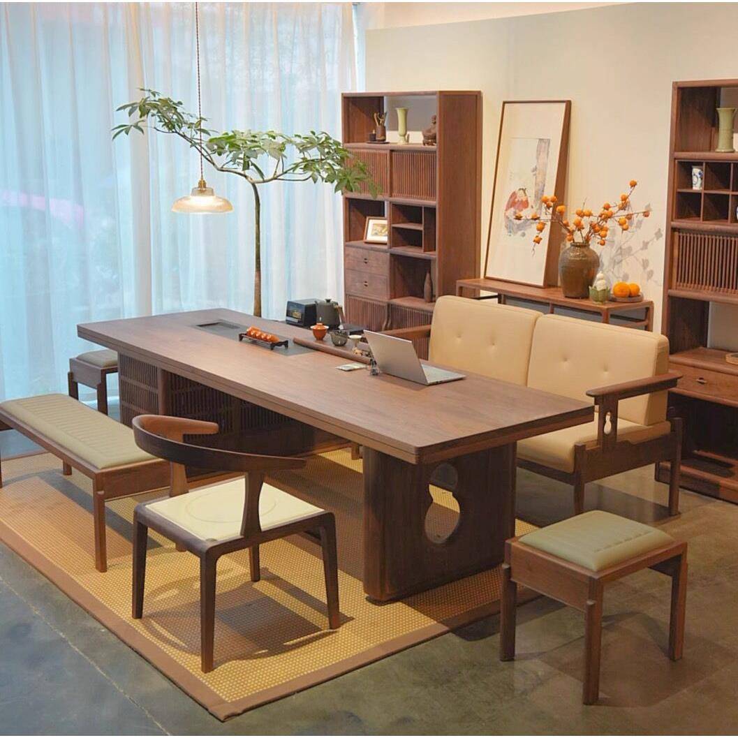 新中式黑胡桃木茶桌2025新款泡茶台中古风家用办公室泡茶实木桌椅