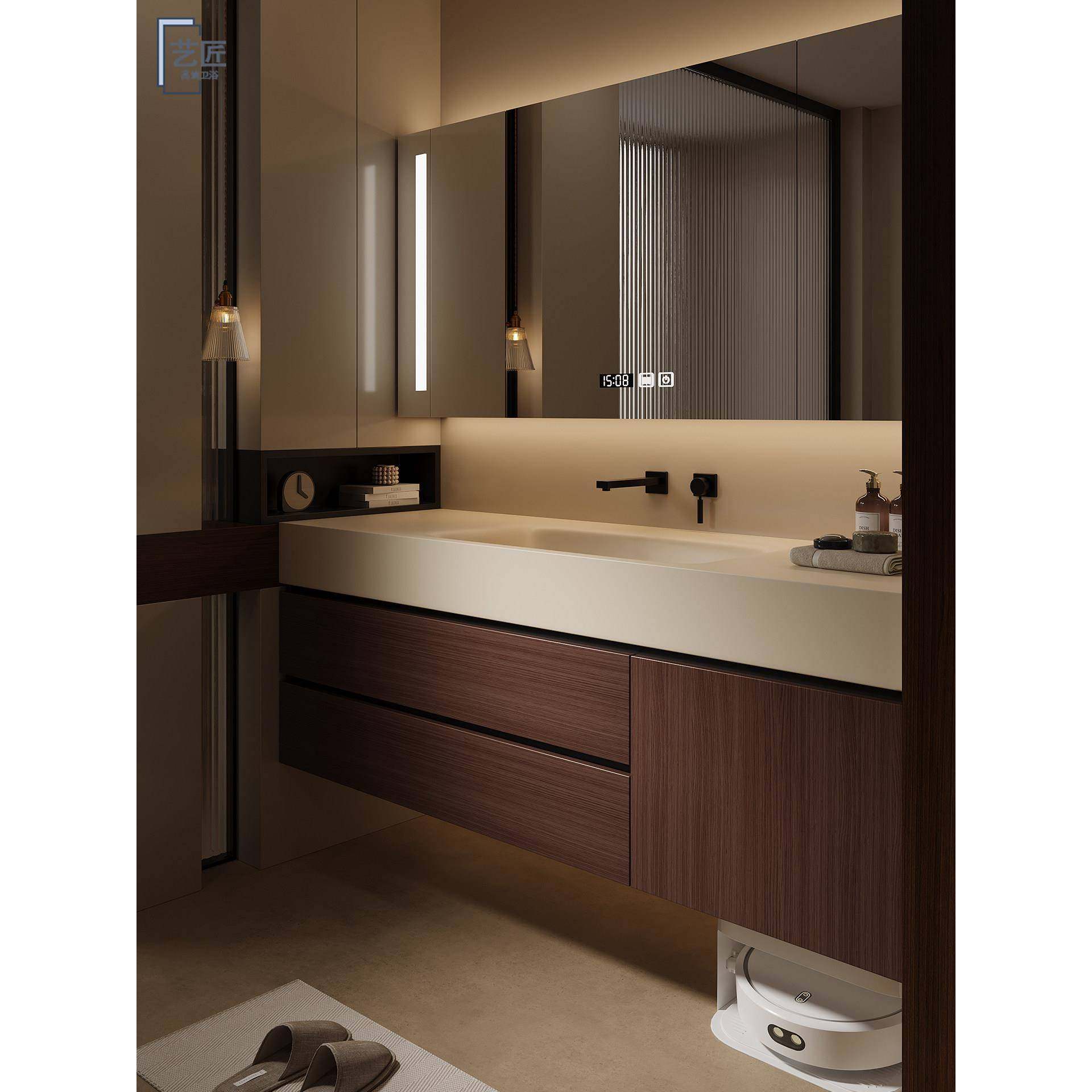 中古风岩板热弯一体盆扫地机器人浴室柜组合洗手洗脸池可丽耐定制