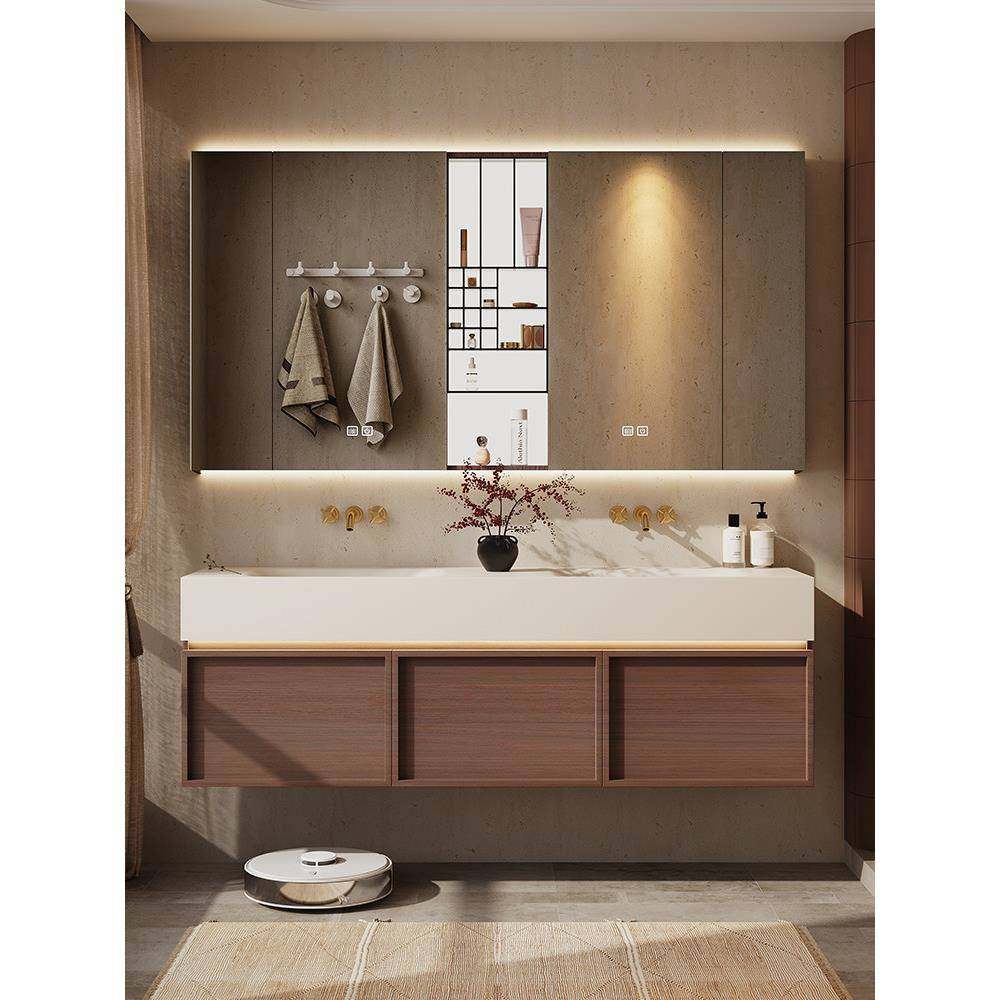 中古风浴室柜组合岩板热弯一体盆双盆卫生间洗漱台洗手池洗脸盆柜