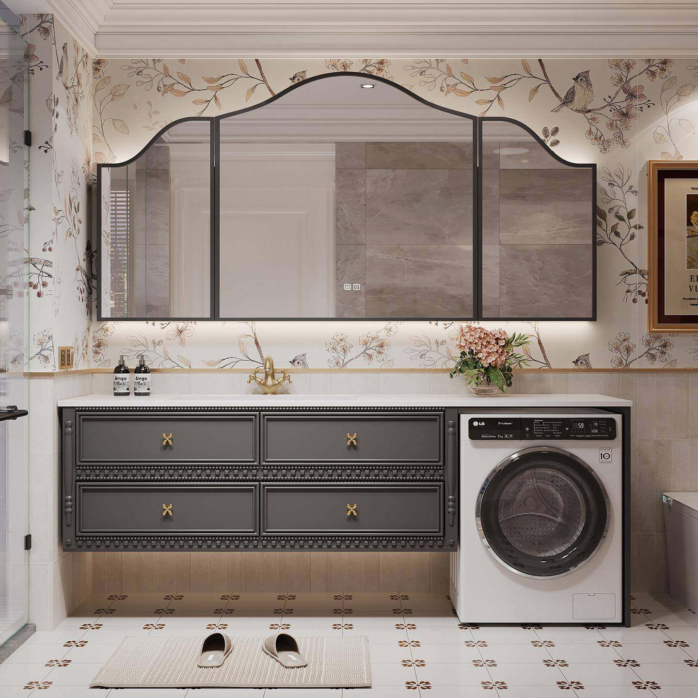 法式覆古风阳台洗衣机一体柜岩板无缝陶瓷盆浴室柜组合洗手洗脸柜