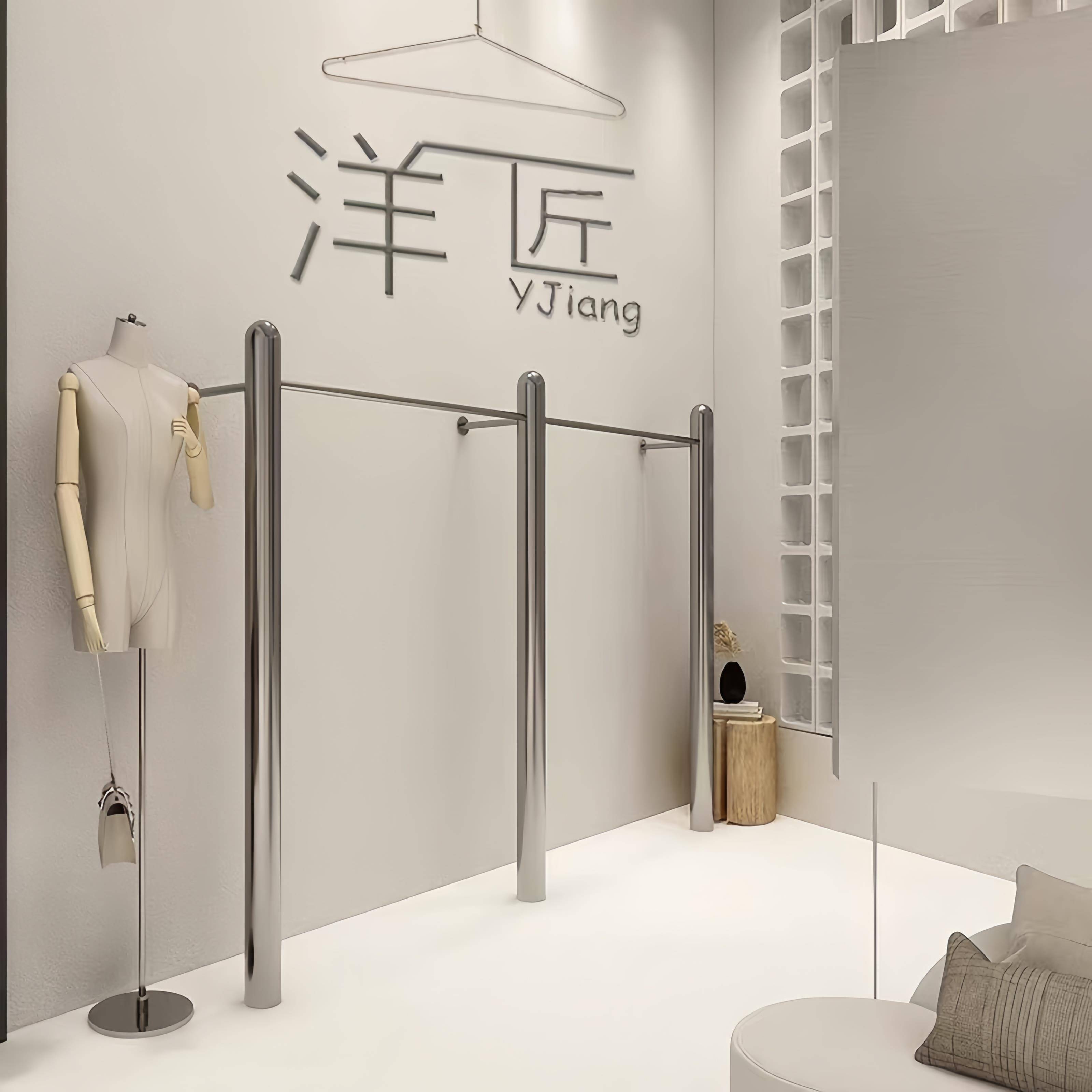 服装店展示架中岛上墙衣架落地式不锈钢货架高级女装店专用衣杆子