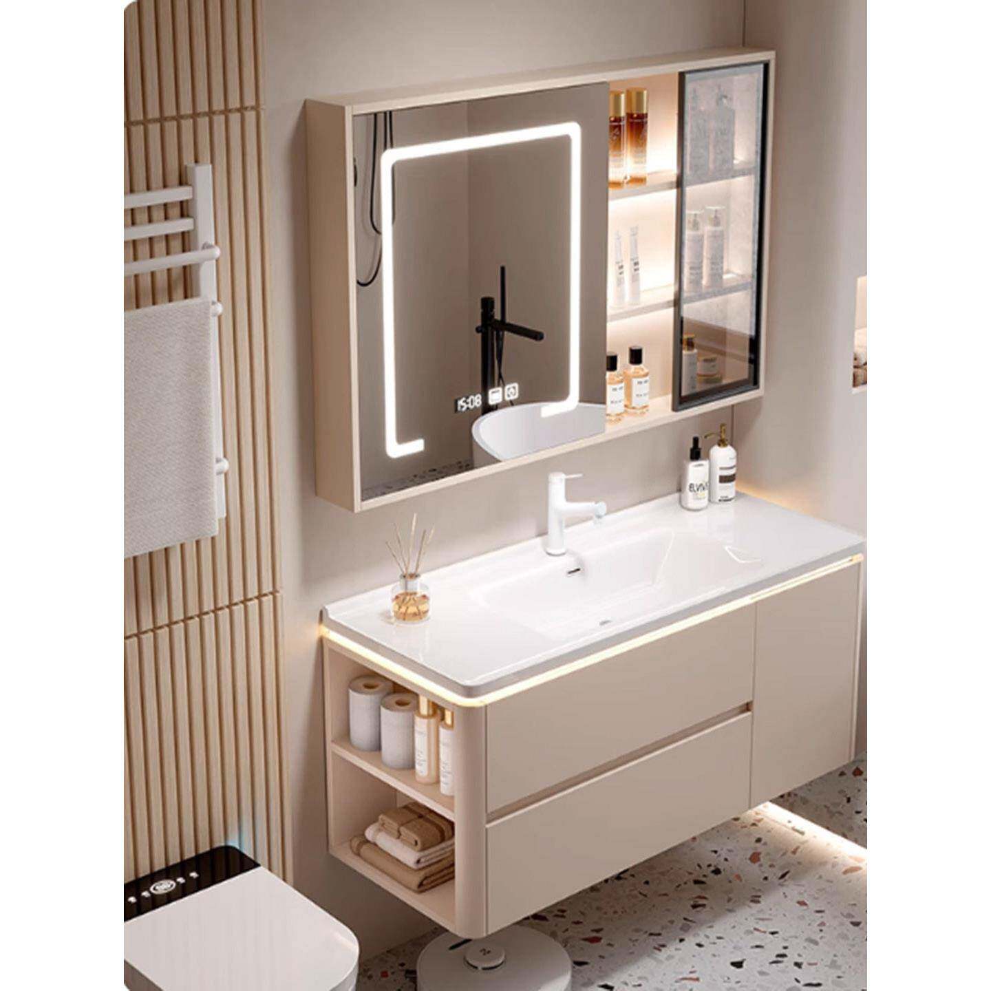 浴室柜奶油风圆角陶瓷一体盆智能卫生间洗手盆洗脸盆柜组合包安装