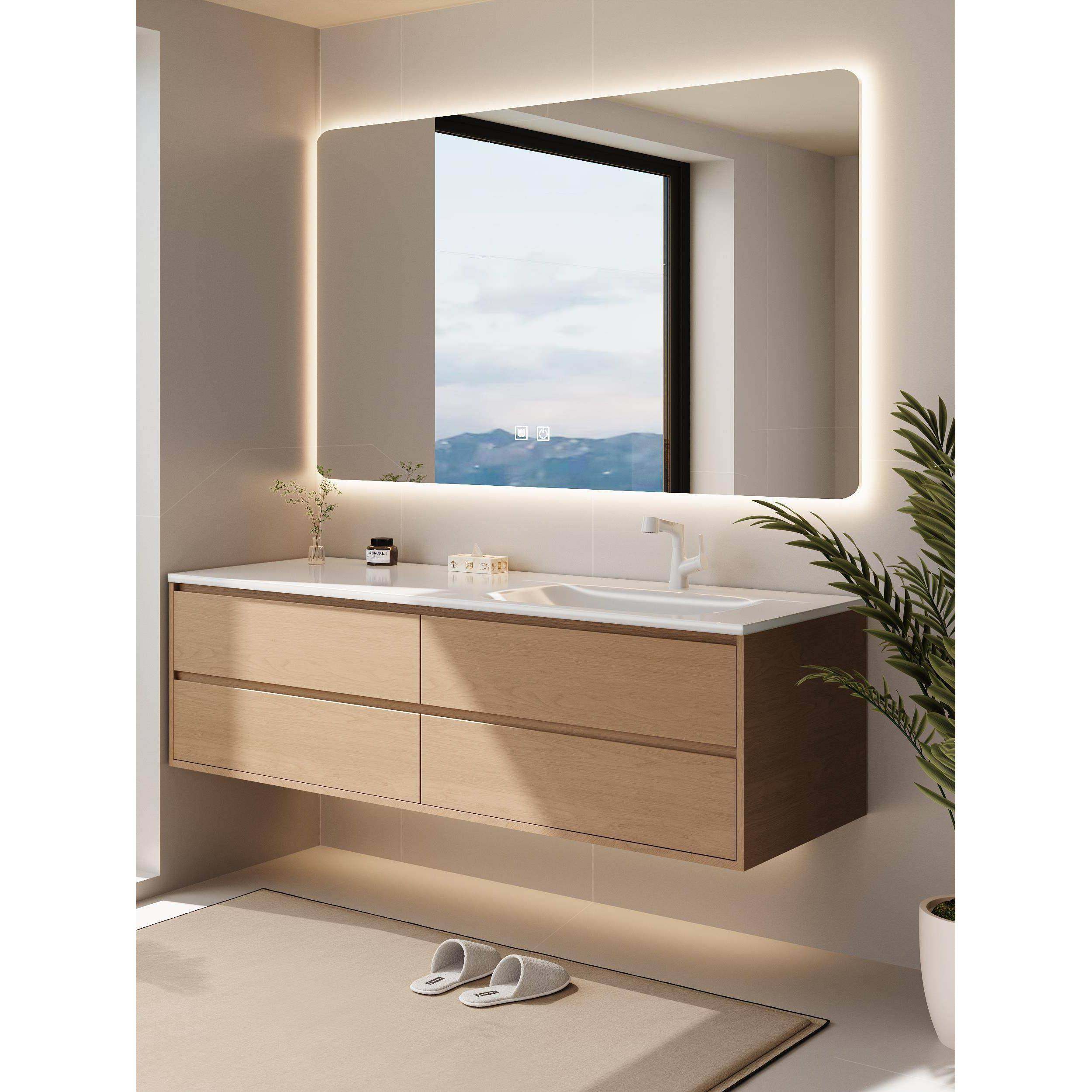 全铝蜂窝铝2025新款原木风岩板热弯无缝陶瓷一体盆浴室柜组合定制