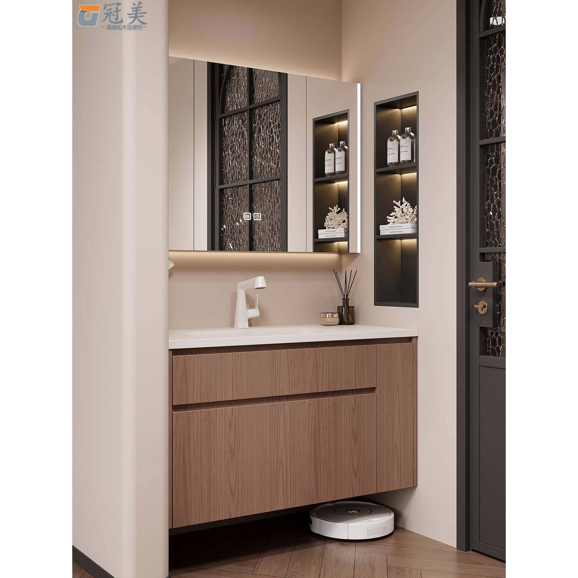 中古原木风岩板热弯一体陶瓷盆浴室柜组合卫生间智能镜柜洗漱脸台