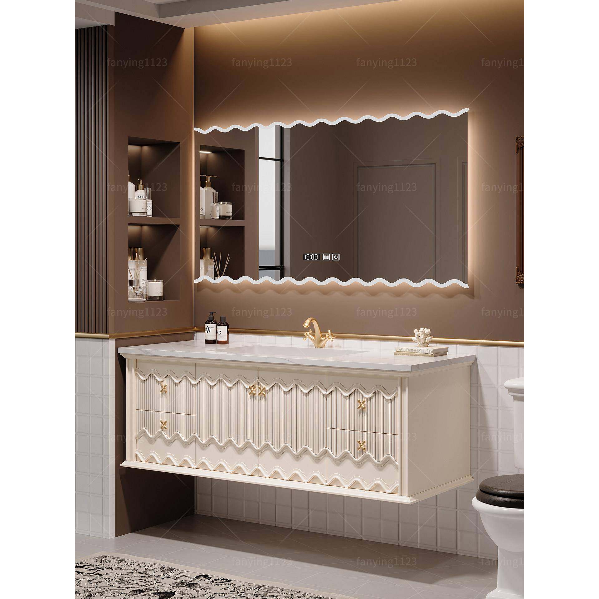法式覆古浴室柜组合橡木卫生间洗漱台洗手盆美式岩板卫浴柜挂墙式
