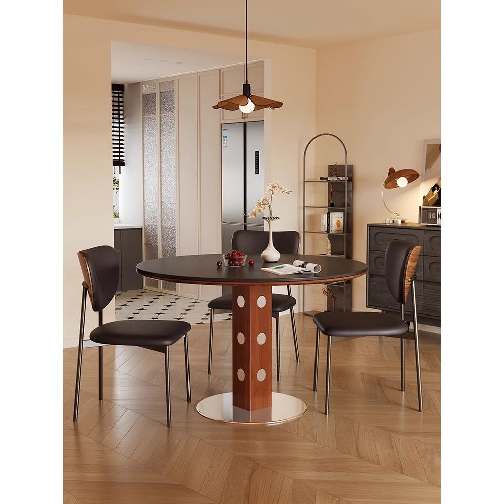 法式覆古岩板圆餐桌家用小户型饭桌实木包豪斯圆形洽谈桌子中古风