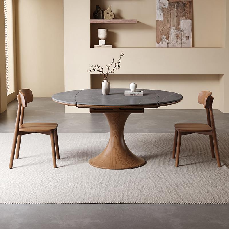 白蜡木伸缩岩板餐桌中古风家用小户型实木饭桌胡桃色方圆两用餐桌