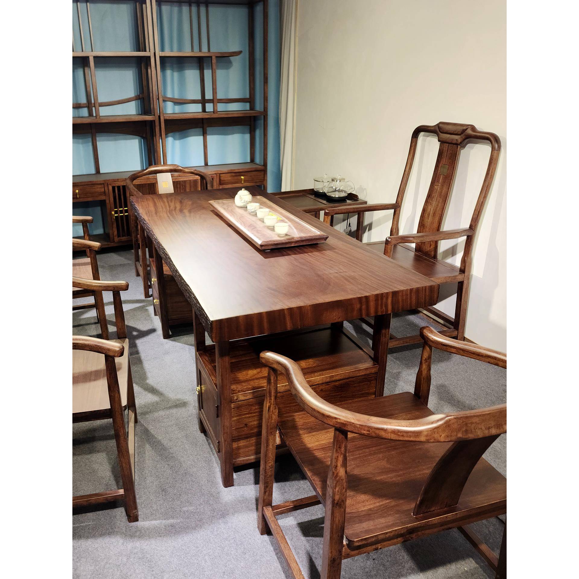 工厂直销黑胡桃木实木大板茶台茶桌椅组合办公室家用现代简约干泡