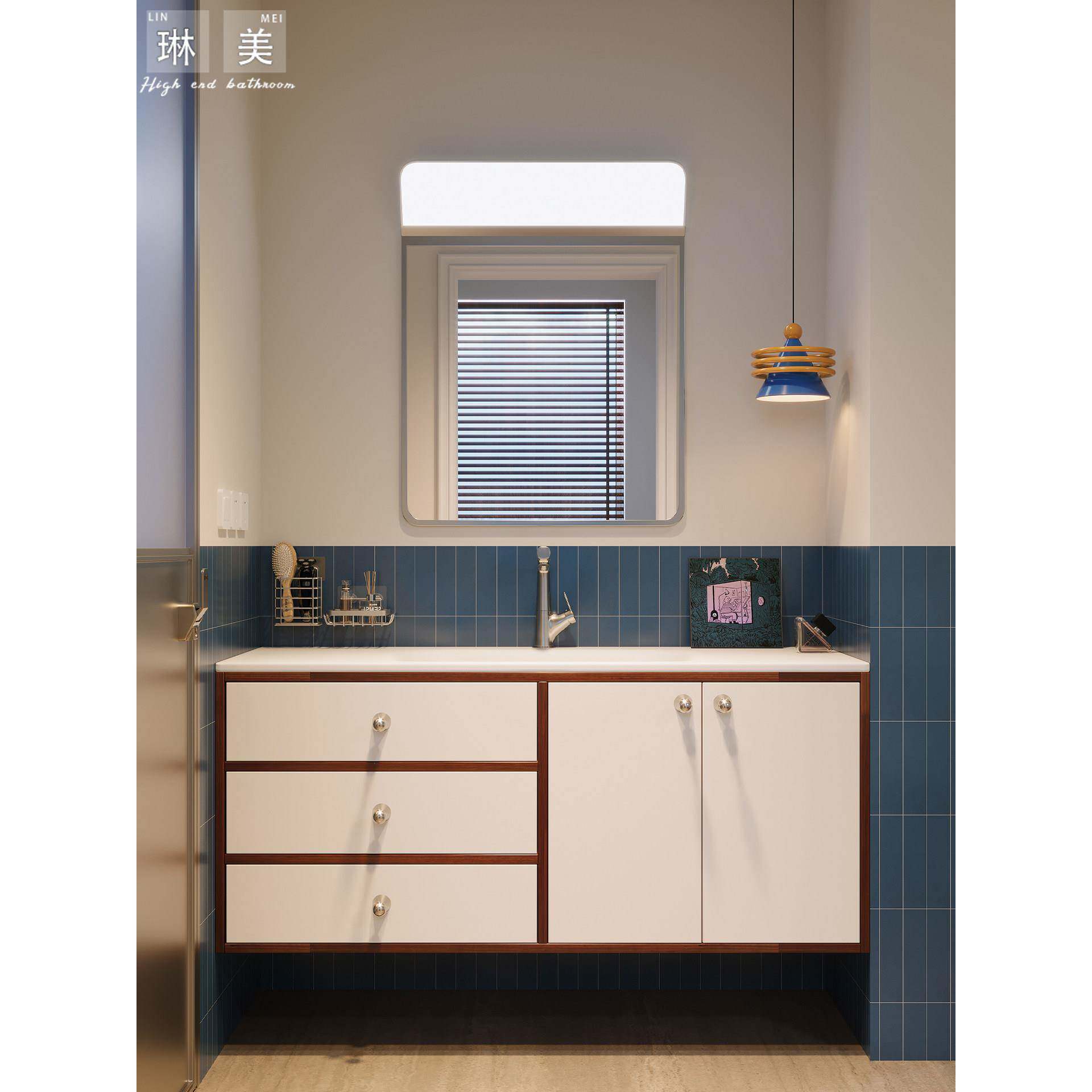 中古风可丽耐一体盆浴室柜组合卫生间胡桃岩板热弯洗漱洗手台定制