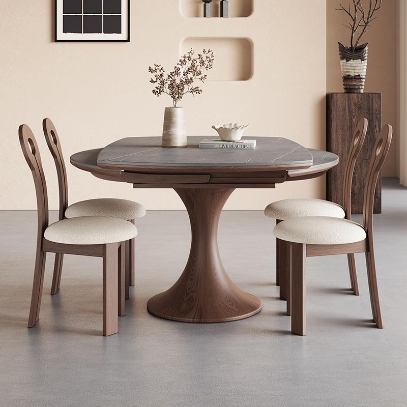 美式中古风实木折叠餐桌岩板2025新款伸缩可变圆桌圆形家用小户型