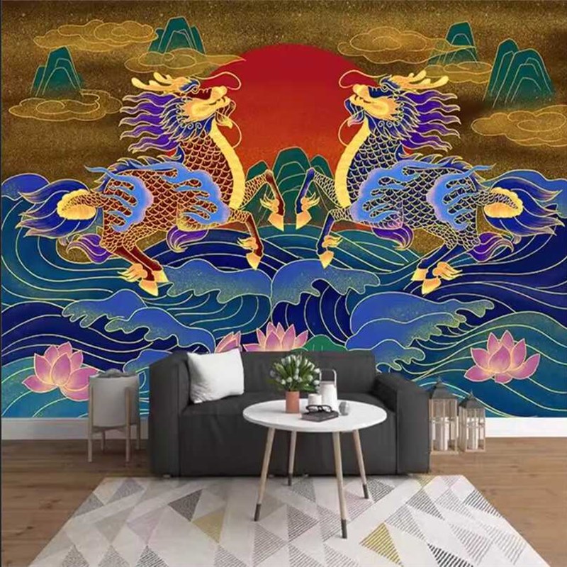 新款壁饰墙纸壁纸定制墙布复古餐吧酒吧装饰中式R麒麟个性背景墙